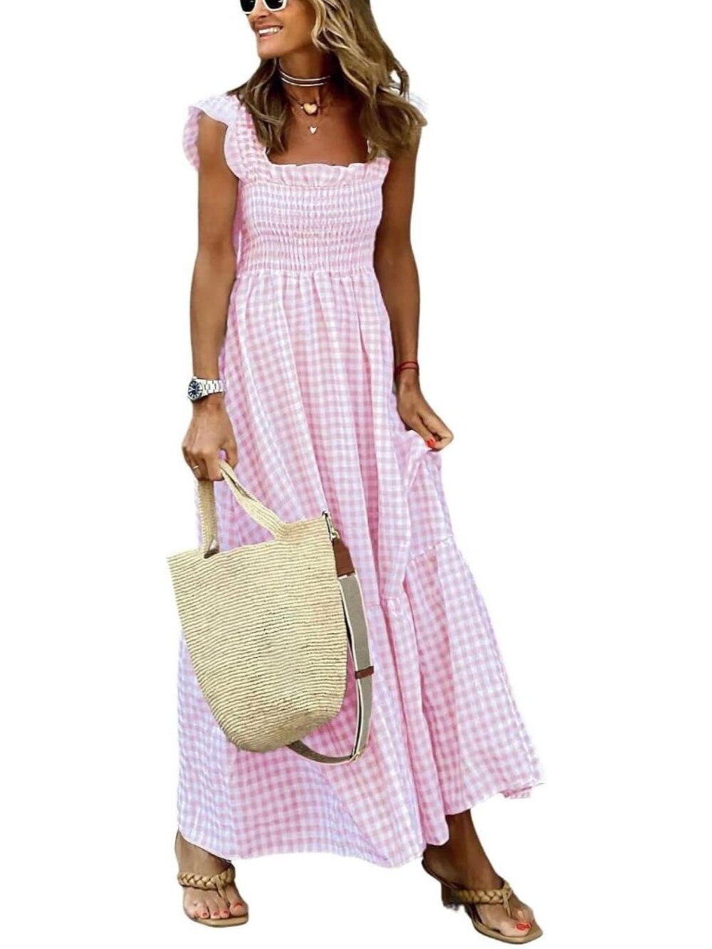 Women's Retro Plaid Smocked Dress Spaghetti Strap Flounce Long Dress